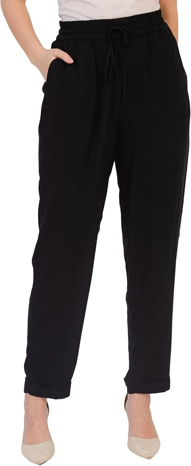 SANDY & SID Womens Pants Baggy Drawstring Pleated High Rise Slant Pockets Straight Leg Pants Work Office Business