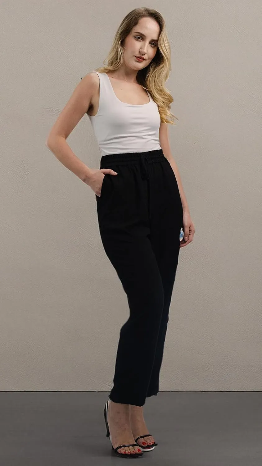 SANDY & SID Womens Pants Baggy Drawstring Pleated High Rise Slant Pockets Straight Leg Pants Work Office Business