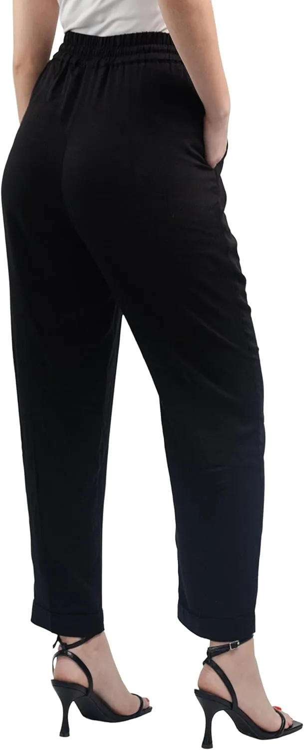 SANDY & SID Womens Pants Baggy Drawstring Pleated High Rise Slant Pockets Straight Leg Pants Work Office Business