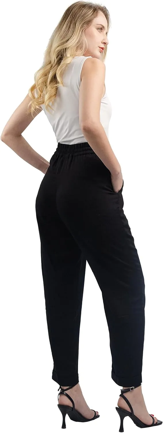 SANDY & SID Womens Pants Baggy Drawstring Pleated High Rise Slant Pockets Straight Leg Pants Work Office Business