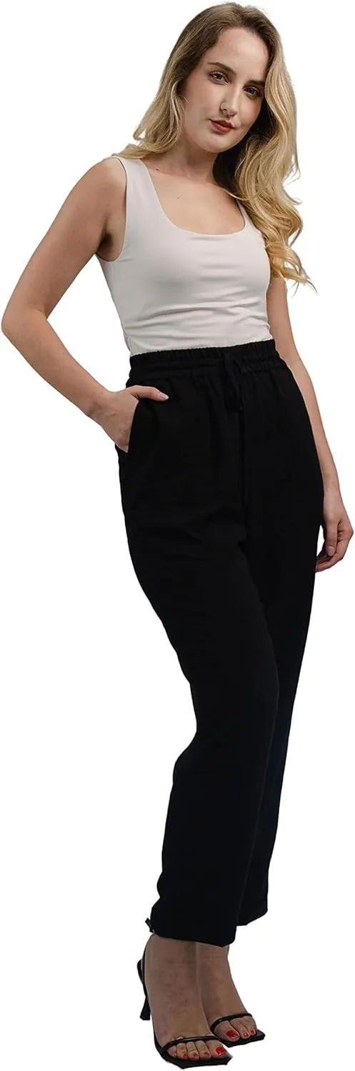 SANDY & SID Womens Pants Baggy Drawstring Pleated High Rise Slant Pockets Straight Leg Pants Work Office Business