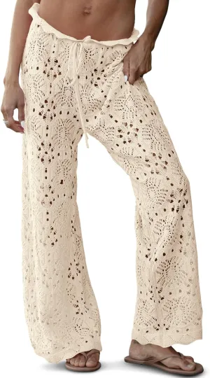 Saodimallsu Womens Crochet Swimsuit Coverup Pants High Waisted Drawstring Sexy Sheer Mesh Knit Wide Leg Beach Pants