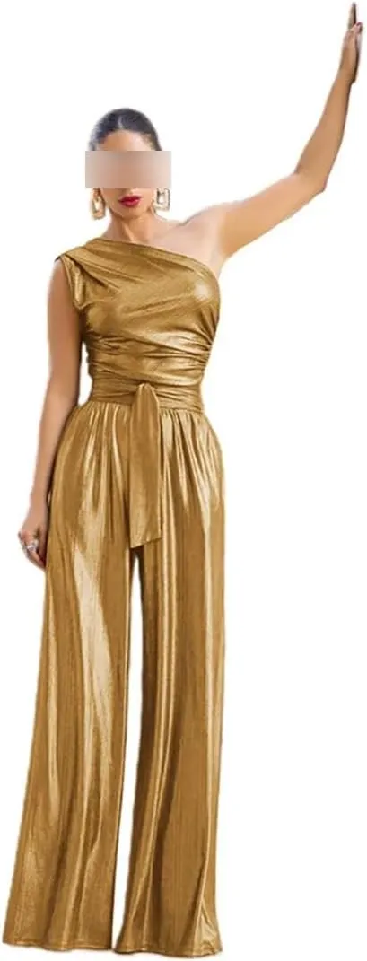 Sexy Slim High Waist Sleeveless V-Neck Pleated Wide Leg Overalls Women Elegance Jumpsuits