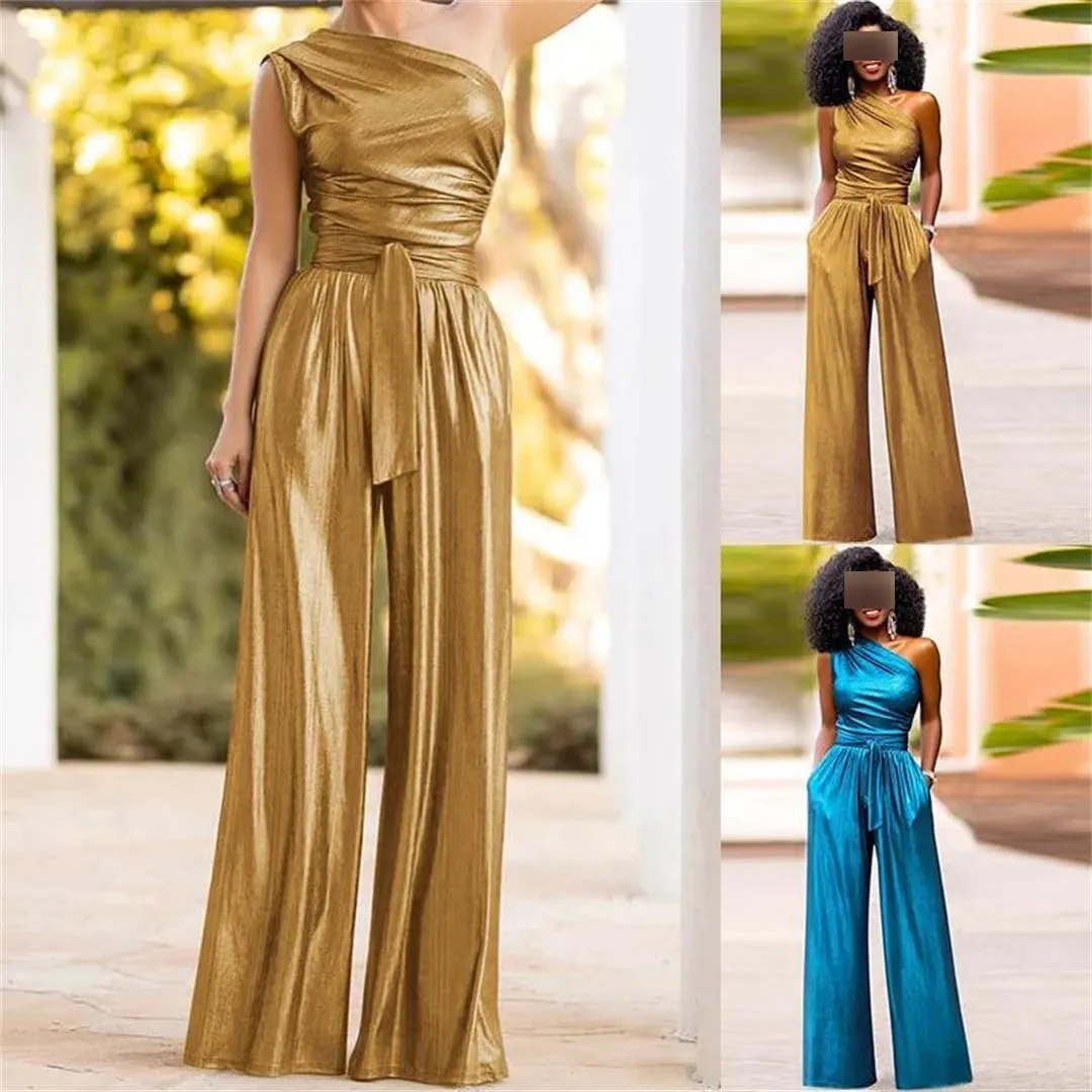 Sexy Slim High Waist Sleeveless V-Neck Pleated Wide Leg Overalls Women Elegance Jumpsuits