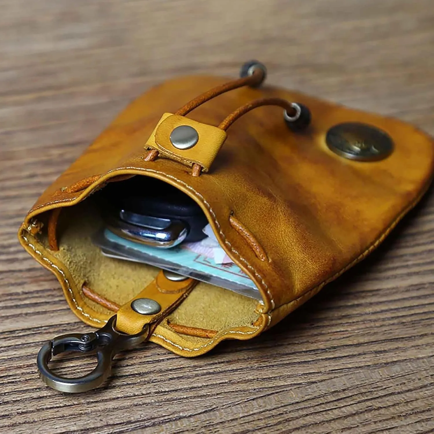 Simple Cowhide Retro Storage Bag, Handmade Leather Wallet, Small Coin Purse, Portable Key Pouch for Women Men (Black)