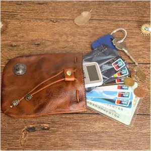 Simple Cowhide Retro Storage Bag, Handmade Leather Wallet, Small Coin Purse, Portable Key Pouch for Women Men (Black)