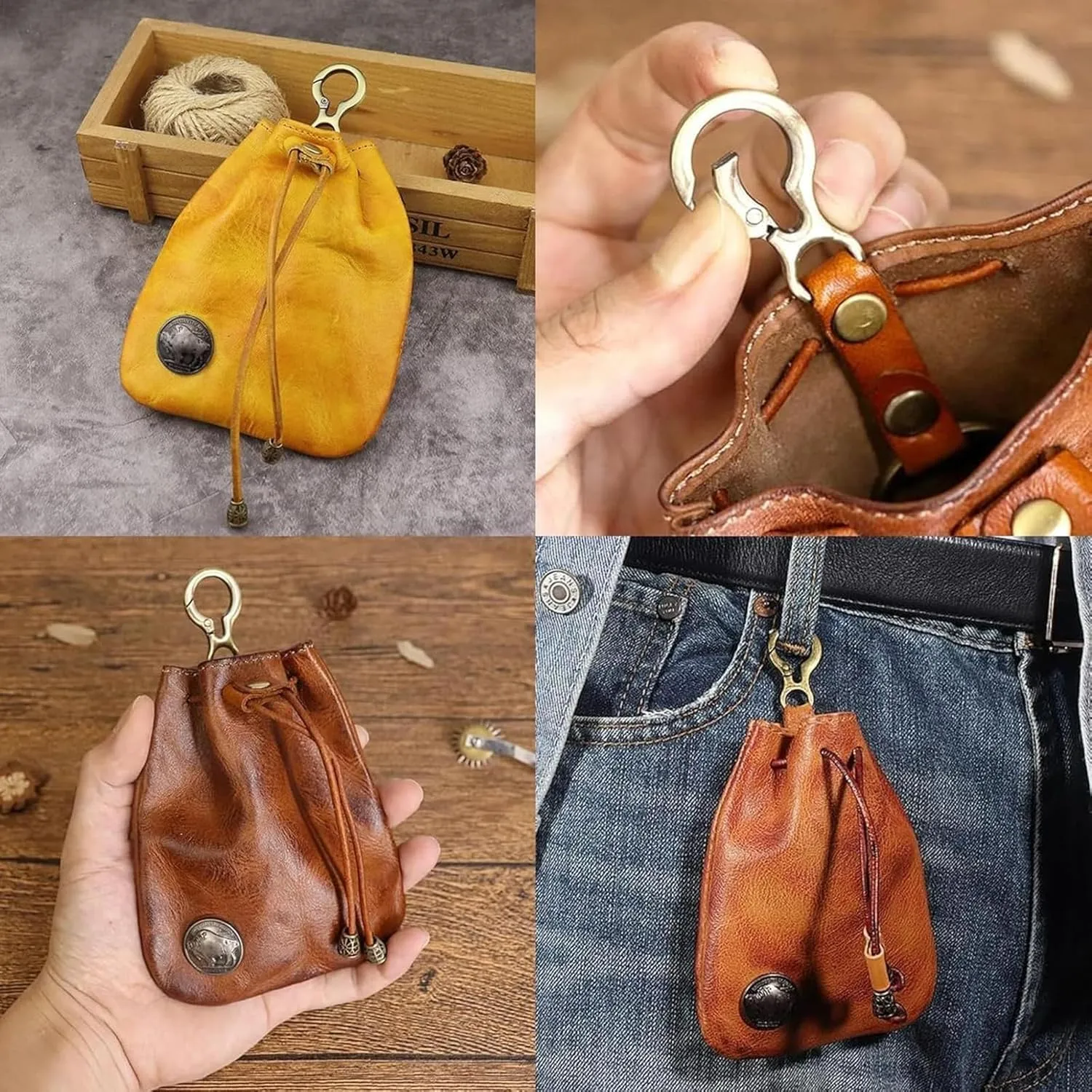 Simple Cowhide Retro Storage Bag, Handmade Leather Wallet, Small Coin Purse, Portable Key Pouch for Women Men (Black)