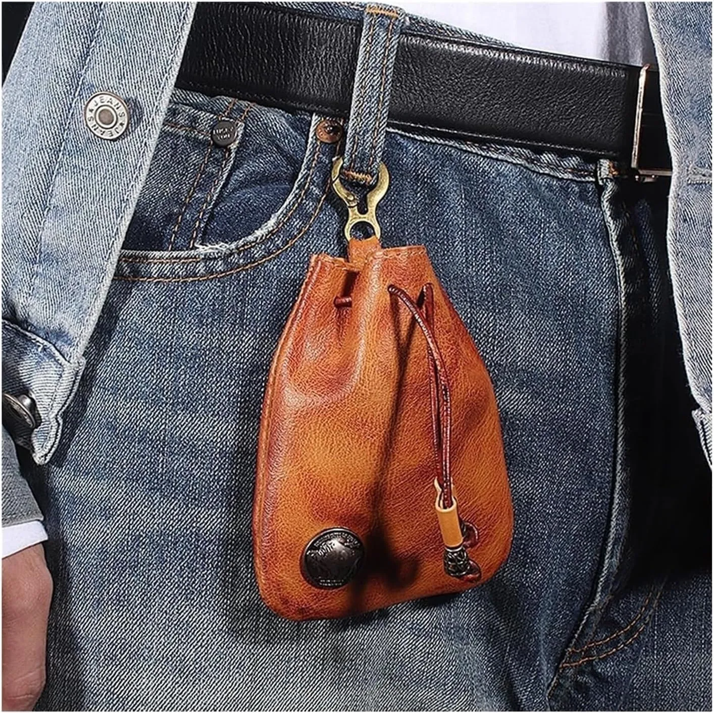 Simple Cowhide Retro Storage Bag, Handmade Leather Wallet, Small Coin Purse, Portable Key Pouch for Women Men (Black)