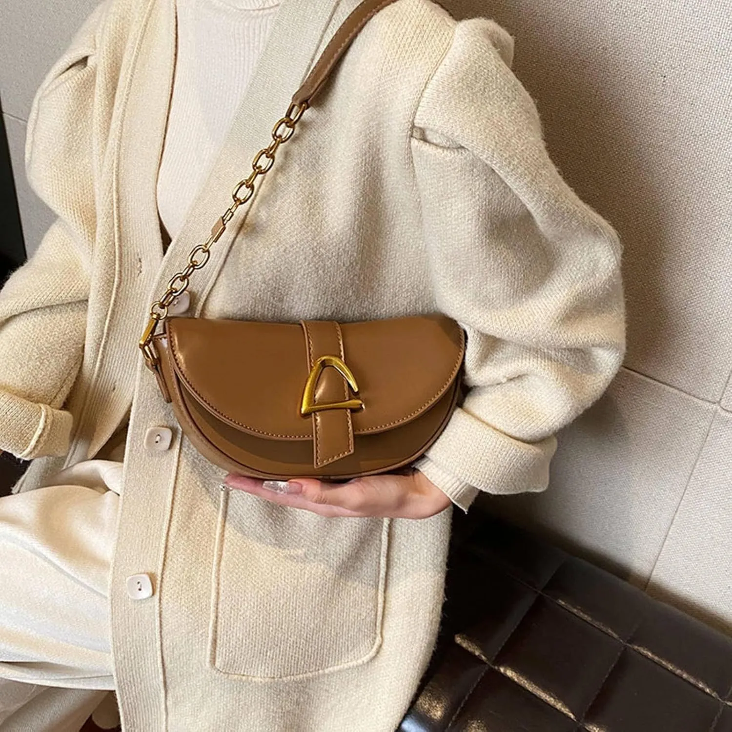 Small Leather Saddle Armpit Bags For Women Chain Shoulder Crossbody Bag Ladies Vintage Underarm Handbags Bolsa