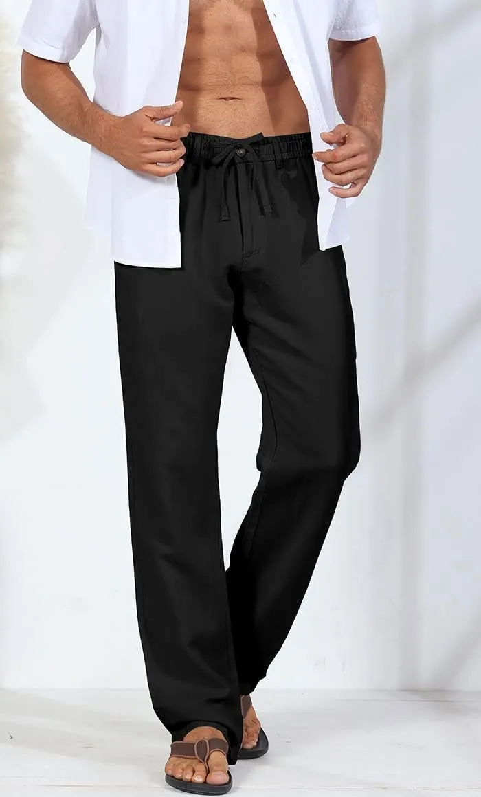 Soojun Men's Linen Beach Pants Lightweight Summer Pants with Drawstring