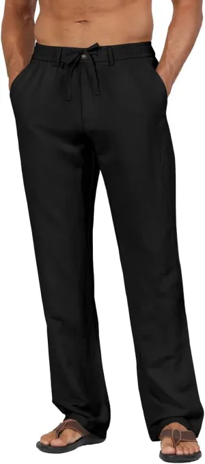 Soojun Men's Linen Beach Pants Lightweight Summer Pants with Drawstring