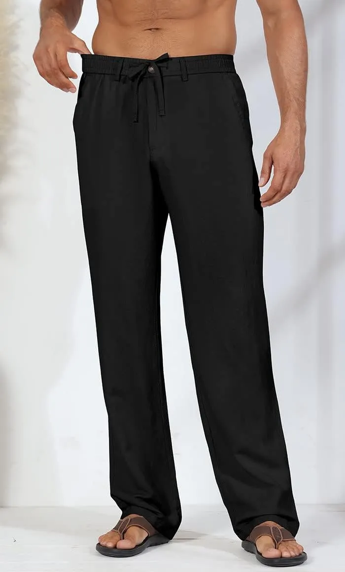 Soojun Men's Linen Beach Pants Lightweight Summer Pants with Drawstring