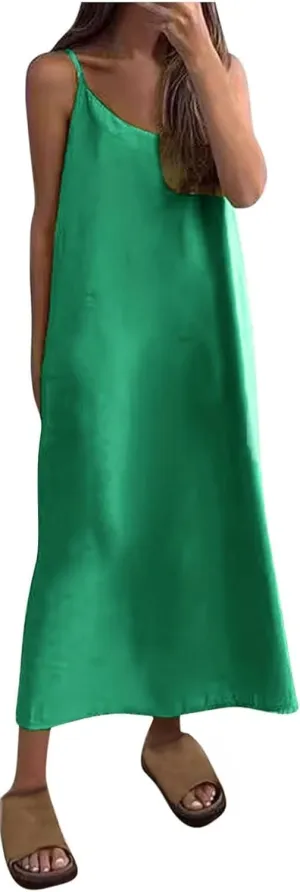 Spaghetti Strap Dresses for Women Summer Casual Loose Sexy Sleeveless Sundress Beach Vacation Flowy Maxi Dress