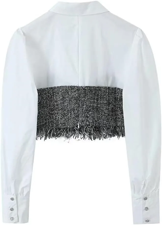 Spring Women's Patchwork Tassel Camisole Long Sleeve Crop Top Slim Shirt