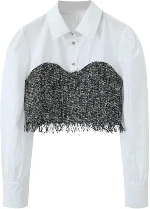 Spring Women's Patchwork Tassel Camisole Long Sleeve Crop Top Slim Shirt