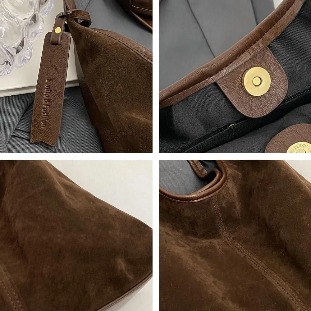 Suede Tote Bag for Women Leather Shoulder Bag Slouchy Handbag Soft Purse Fall Winter Spring Travel Shopping 2024