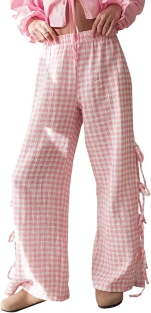 Sunloudy Women Y2K Wide Leg Gingham Pants Elastic High Waist Side Tie Loose Fit Plaid Trouser Lounge Pants