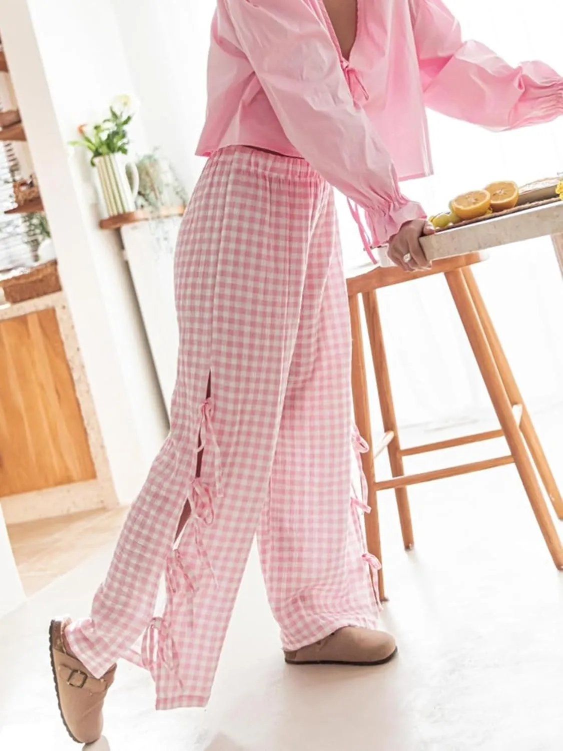 Sunloudy Women Y2K Wide Leg Gingham Pants Elastic High Waist Side Tie Loose Fit Plaid Trouser Lounge Pants