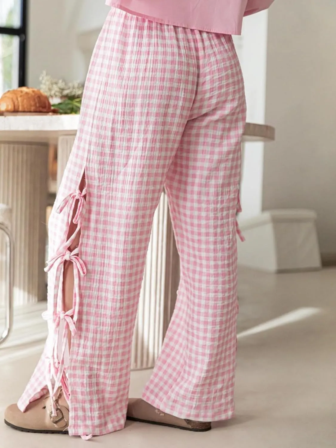 Sunloudy Women Y2K Wide Leg Gingham Pants Elastic High Waist Side Tie Loose Fit Plaid Trouser Lounge Pants