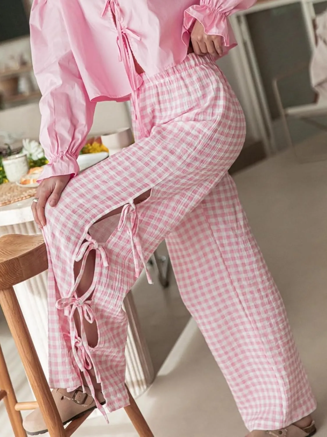 Sunloudy Women Y2K Wide Leg Gingham Pants Elastic High Waist Side Tie Loose Fit Plaid Trouser Lounge Pants