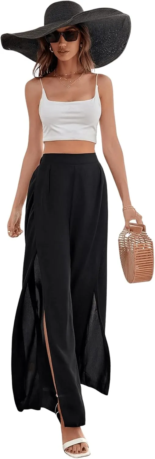 SweatyRocks Women's High Waist Drawstring Split Thigh Wide Leg Palazzo Pants