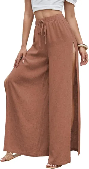 SweatyRocks Women's High Waist Drawstring Split Thigh Wide Leg Palazzo Pants