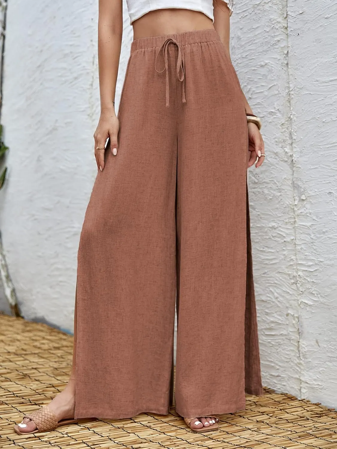 SweatyRocks Women's High Waist Drawstring Split Thigh Wide Leg Palazzo Pants