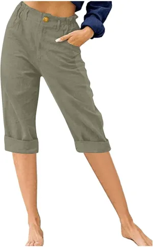 TANGNADE Women's Capris and Cropped Pants Summer Plus Size Knee Length Capri Comfy Elastic Waist Beach Trouser