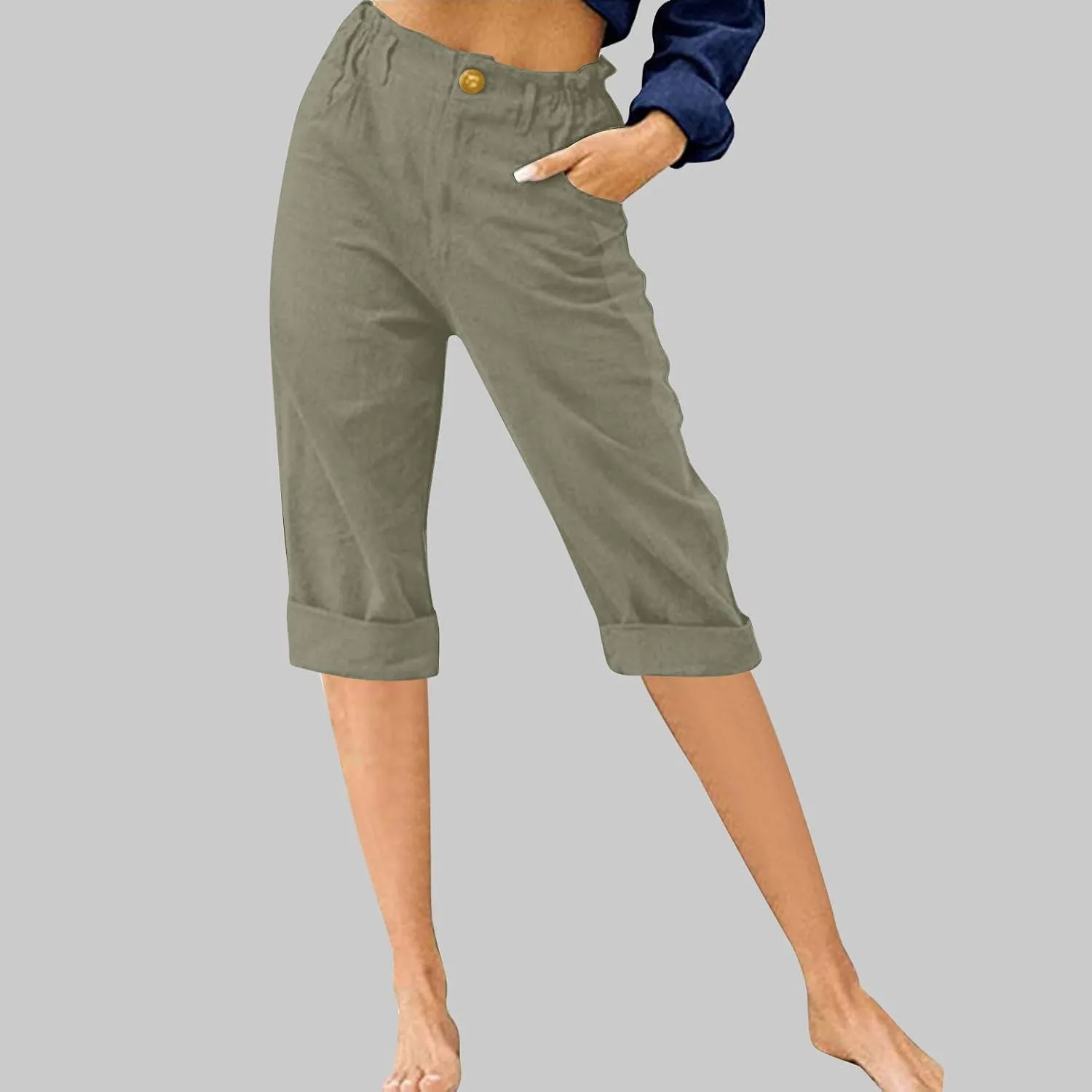 TANGNADE Women's Capris and Cropped Pants Summer Plus Size Knee Length Capri Comfy Elastic Waist Beach Trouser