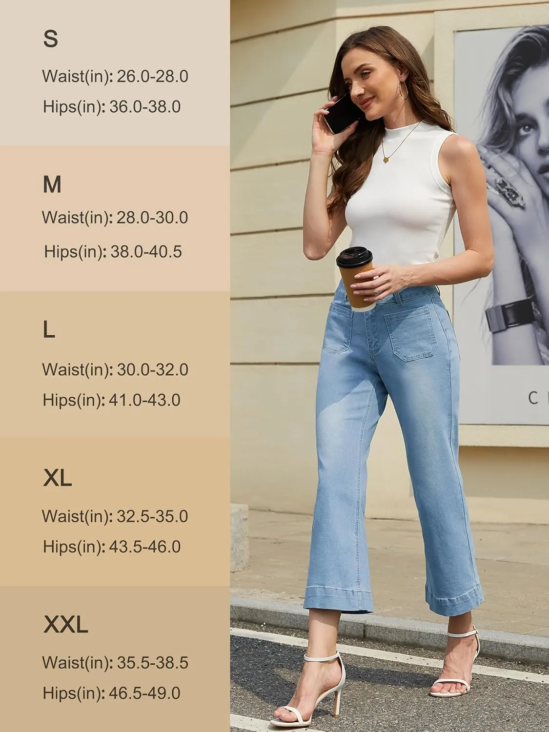 Tapata Women's 24/26 Petite Regular Wide Leg Jeans High Waisted Flare Stretchy Cropped Denim Pants Trendy Baggy Pockets