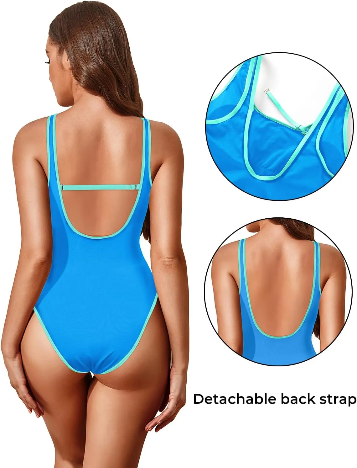 Tempt Me Women High Cut One Piece Swimsuit Low Back Scoop Neck Retro 80s Bathing Suit
