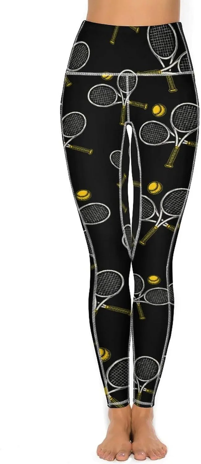 Tennis Racket Ball Women's Yoga Pants Leggings with Pockets High Waist Compression Workout Pants