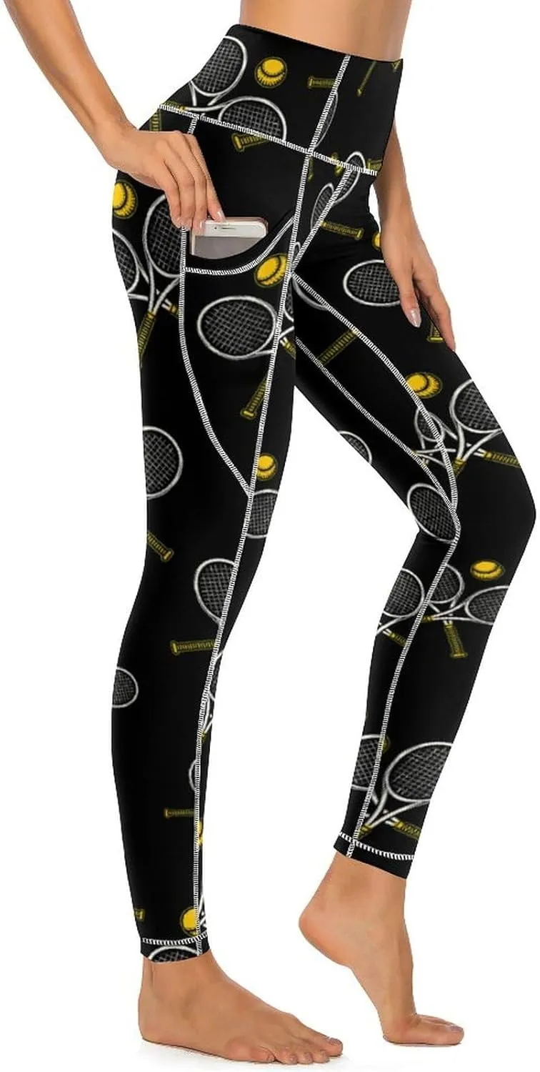 Tennis Racket Ball Women's Yoga Pants Leggings with Pockets High Waist Compression Workout Pants