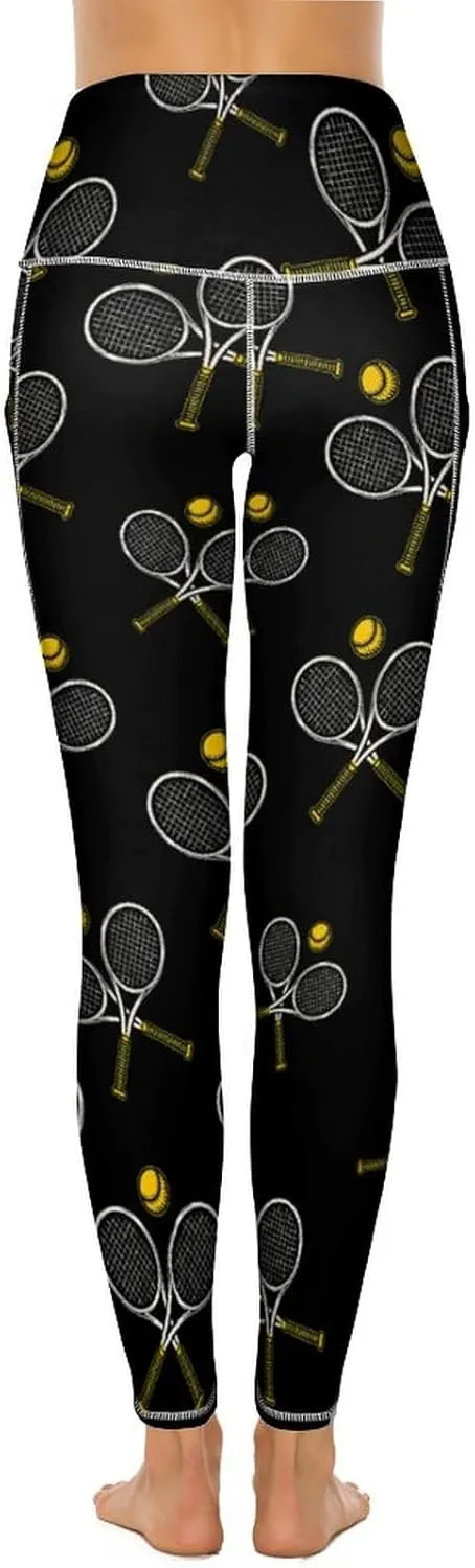 Tennis Racket Ball Women's Yoga Pants Leggings with Pockets High Waist Compression Workout Pants