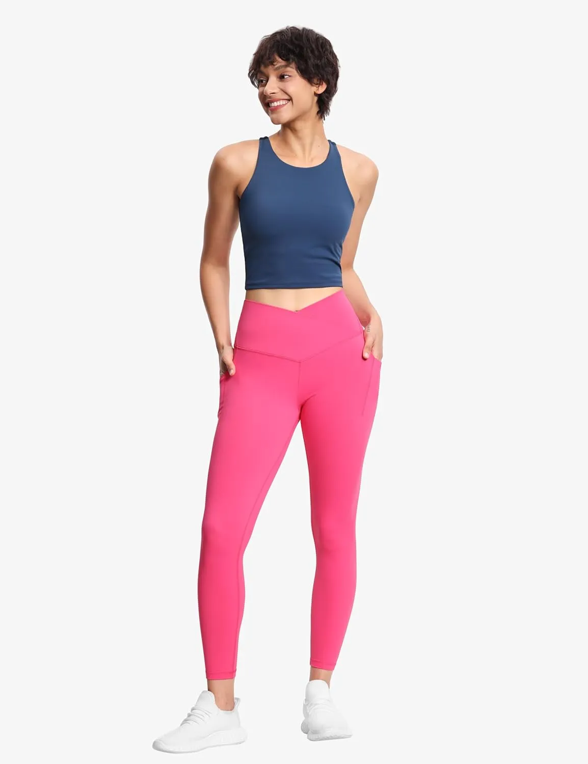 THE GYM PEOPLE Women's V Cross Waist Workout Leggings Tummy Control Running Yoga Pants with Pockets