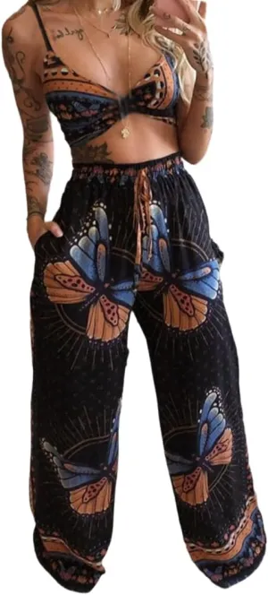 THLAI Womens Fall Loose 2 Piece Outfits Printed Sleeveless Top Casual Going Out Wide Leg Pants Set