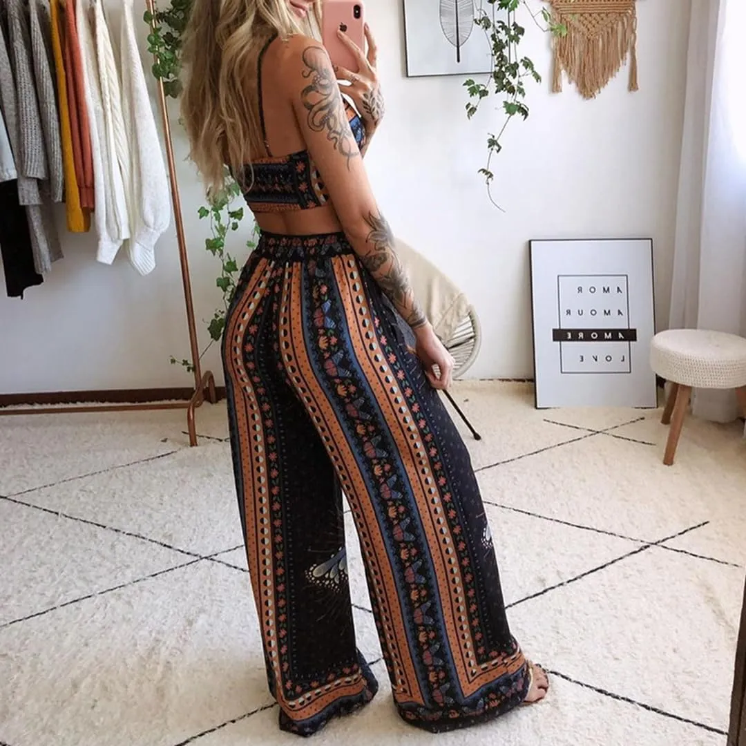 THLAI Womens Fall Loose 2 Piece Outfits Printed Sleeveless Top Casual Going Out Wide Leg Pants Set