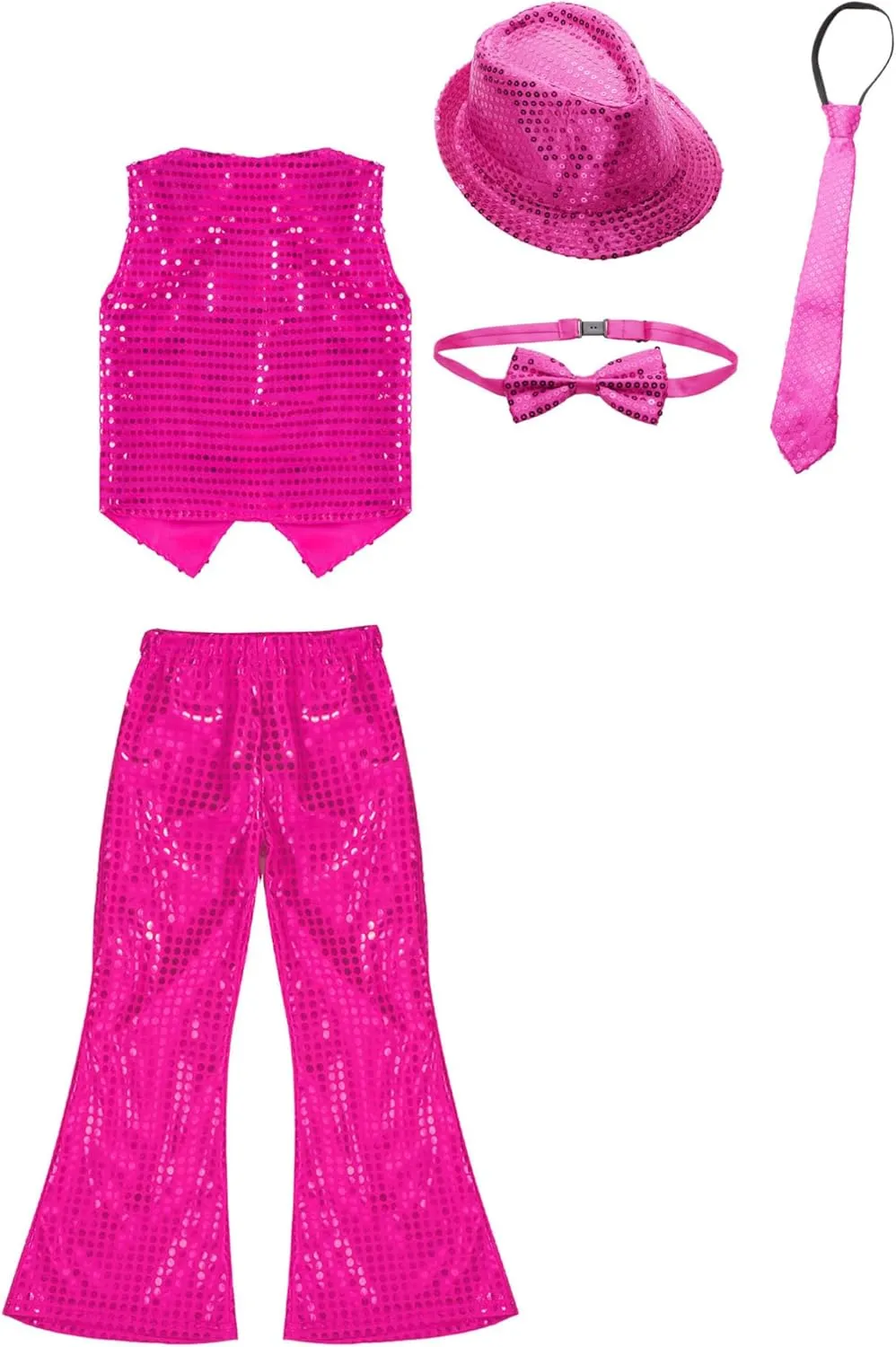 TiaoBug Boys Girls Jazz Latin Hip Hop Disco Dance Outfits Glittery Vest with Flare Pants Hat Bowtie Halloween Costume