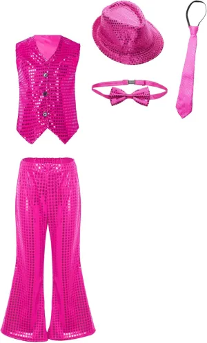 TiaoBug Boys Girls Jazz Latin Hip Hop Disco Dance Outfits Glittery Vest with Flare Pants Hat Bowtie Halloween Costume