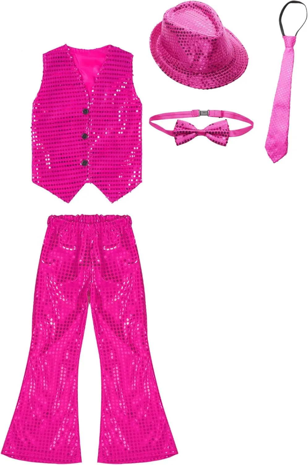 TiaoBug Boys Girls Jazz Latin Hip Hop Disco Dance Outfits Glittery Vest with Flare Pants Hat Bowtie Halloween Costume