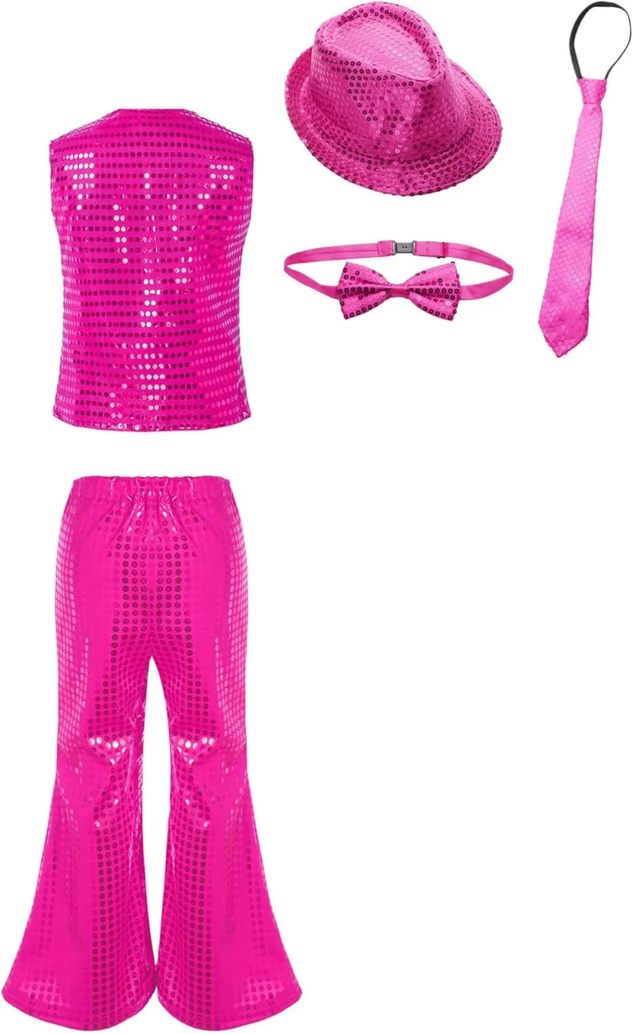 TiaoBug Boys Girls Jazz Latin Hip Hop Disco Dance Outfits Glittery Vest with Flare Pants Hat Bowtie Halloween Costume