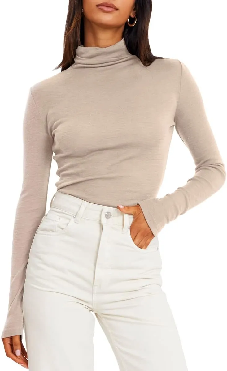 Trendy Queen Womens Mock Turtleneck Long Sleeve Shirts Fall Fashion Basic Layering Slim Fit Soft Thermal Underwear Tops
