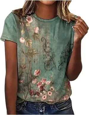 Trendy Tops for Women 2024 Cute Boho Floral Print Summer Shirts Casual Short Sleeve Graphic Tshirt Petite Blouse