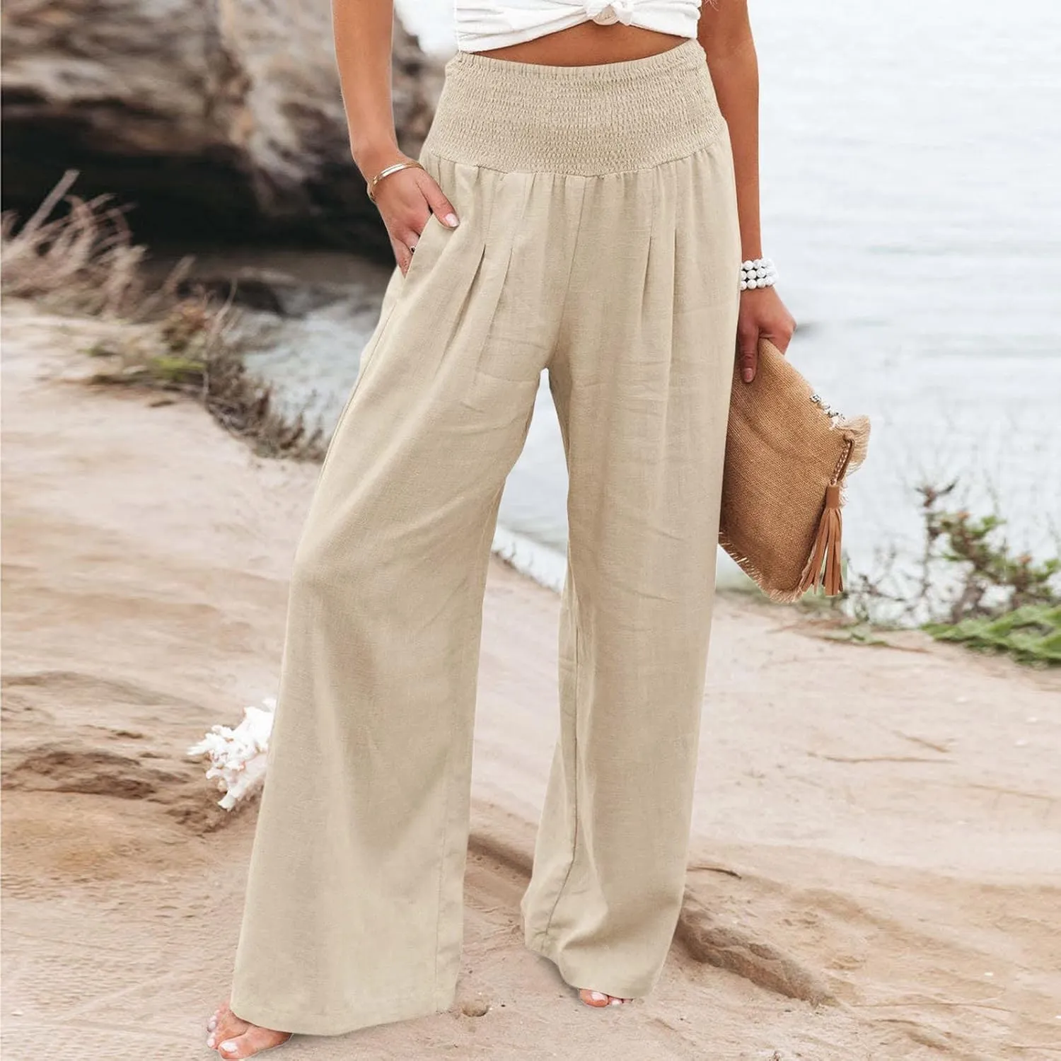 Tummy Control Women High Waisted Lounge Pants Casual Wide Leg Boho Trouser Summer Drawstring Sweatpants with Pocket