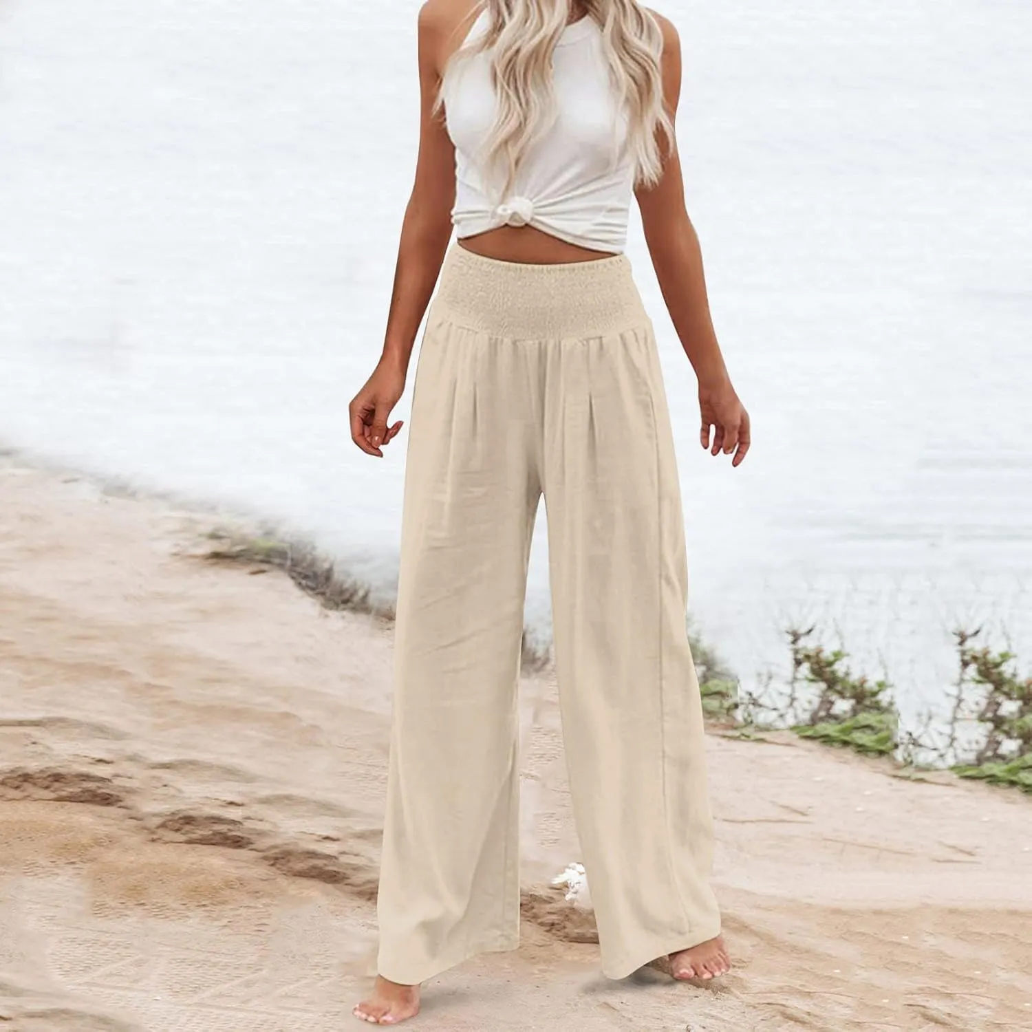 Tummy Control Women High Waisted Lounge Pants Casual Wide Leg Boho Trouser Summer Drawstring Sweatpants with Pocket