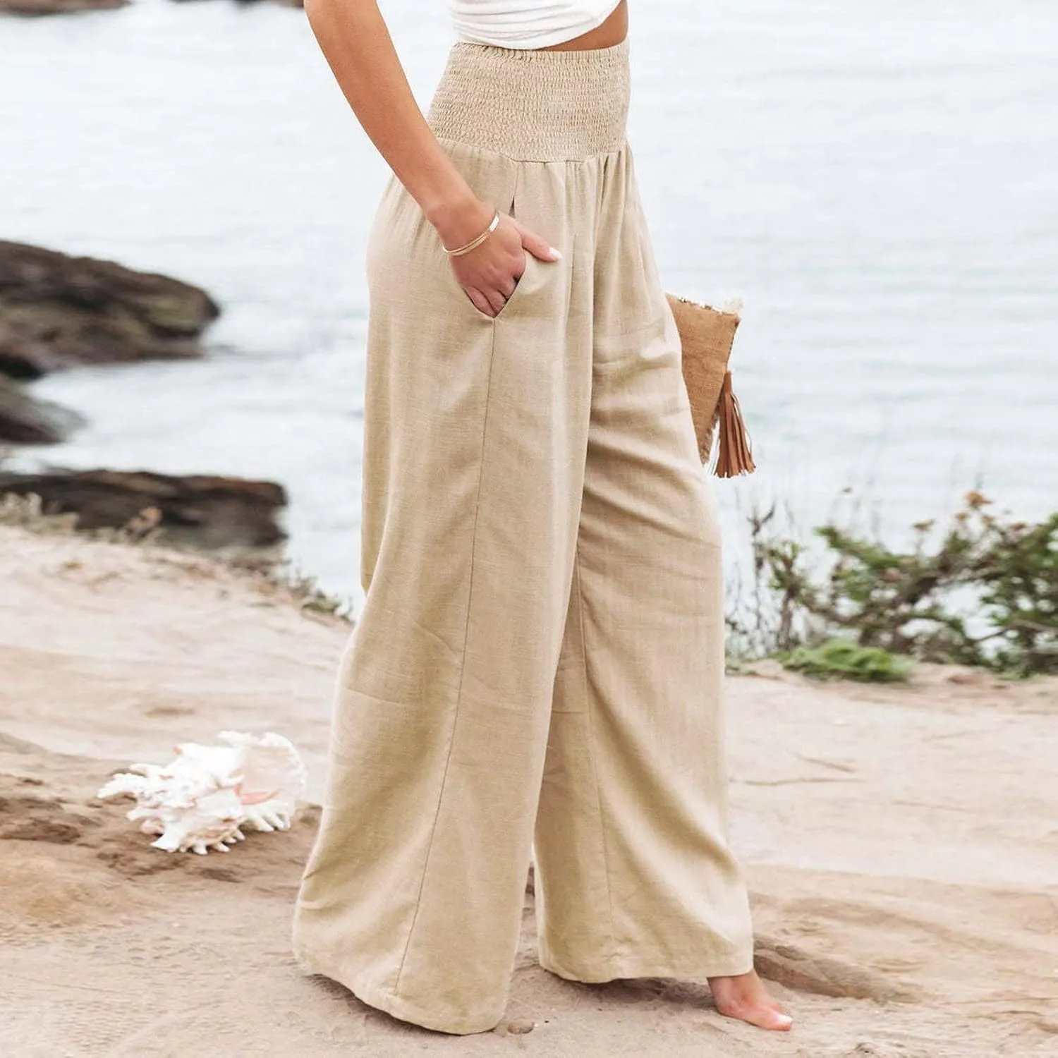 Tummy Control Women High Waisted Lounge Pants Casual Wide Leg Boho Trouser Summer Drawstring Sweatpants with Pocket