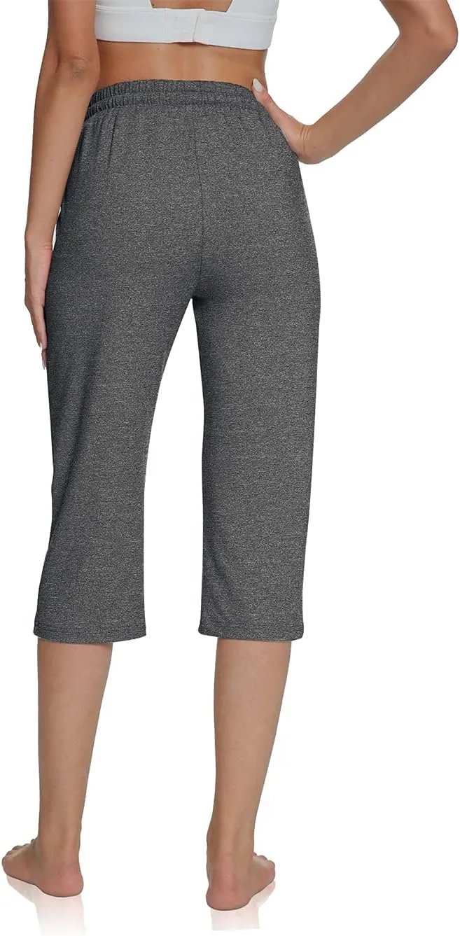 UEU Women's Comfy Drawstring Yoga Capri Pants Loose Workout Sweatpants Wide Leg Lounge Pants with Pockets