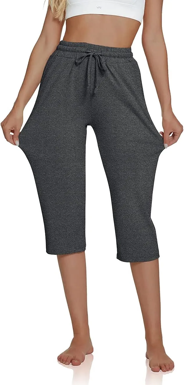 UEU Women's Comfy Drawstring Yoga Capri Pants Loose Workout Sweatpants Wide Leg Lounge Pants with Pockets