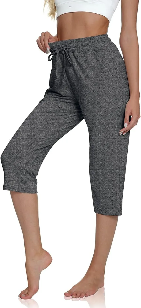 UEU Women's Comfy Drawstring Yoga Capri Pants Loose Workout Sweatpants Wide Leg Lounge Pants with Pockets