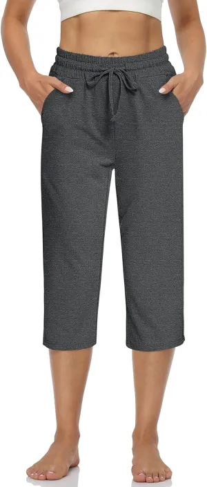UEU Women's Comfy Drawstring Yoga Capri Pants Loose Workout Sweatpants Wide Leg Lounge Pants with Pockets